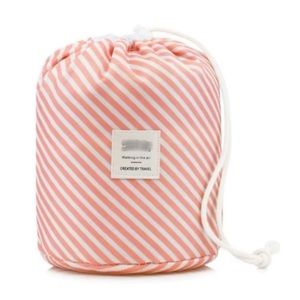 Pink striped two piece travel cosmetic bag